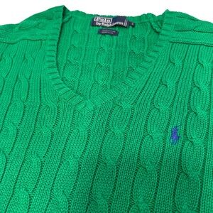 Ralph Lauren Men’s Cable Knit Sweater V-Neck  L/S Green Sz M EUC
